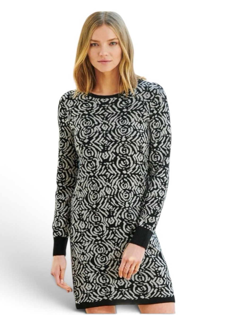 Hatley Women’s Cotton Blend Black & Grey Long Sleeve Crew Neck Sweater Dress, L
